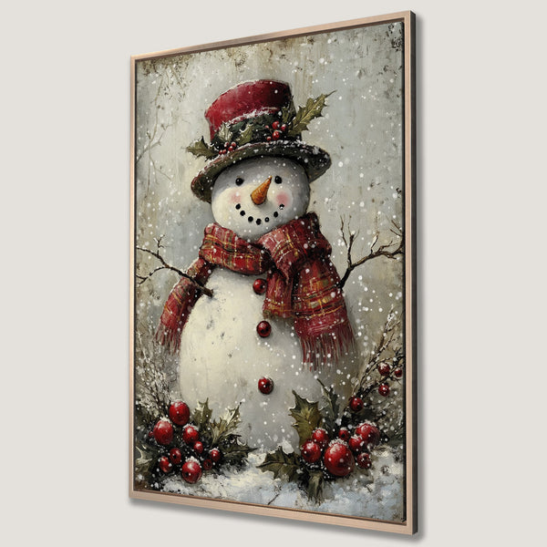 Framed Wall Art of a charming snowman in a winter scene. Rustic style with a warm red and neutral color palette, perfect for holiday decor.