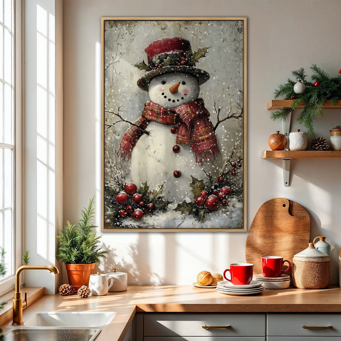 Framed Wall Art: Charming snowman art in a rustic style, featuring a red and white color palette. Perfect for adding holiday cheer to your kitchen!