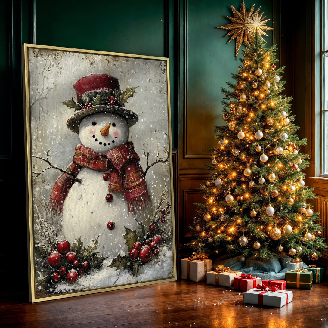 Canvas Print: Charming snowman art in a vintage style, featuring a red and white color palette. Perfect for cozy winter decor!