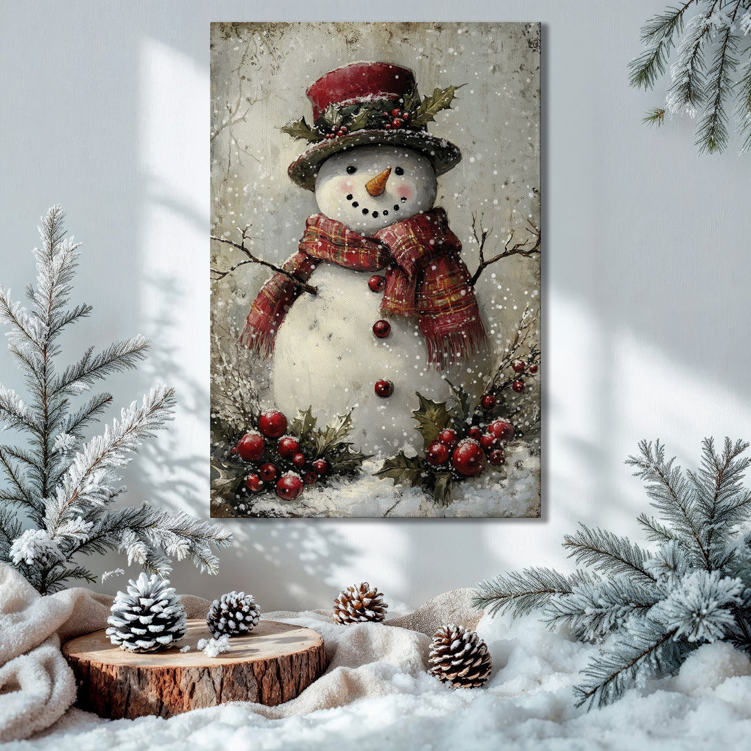 Framed Wall Art: Festive snowman painting with red and green accents, displayed in a cozy Christmas interior. Warm, inviting color palette.