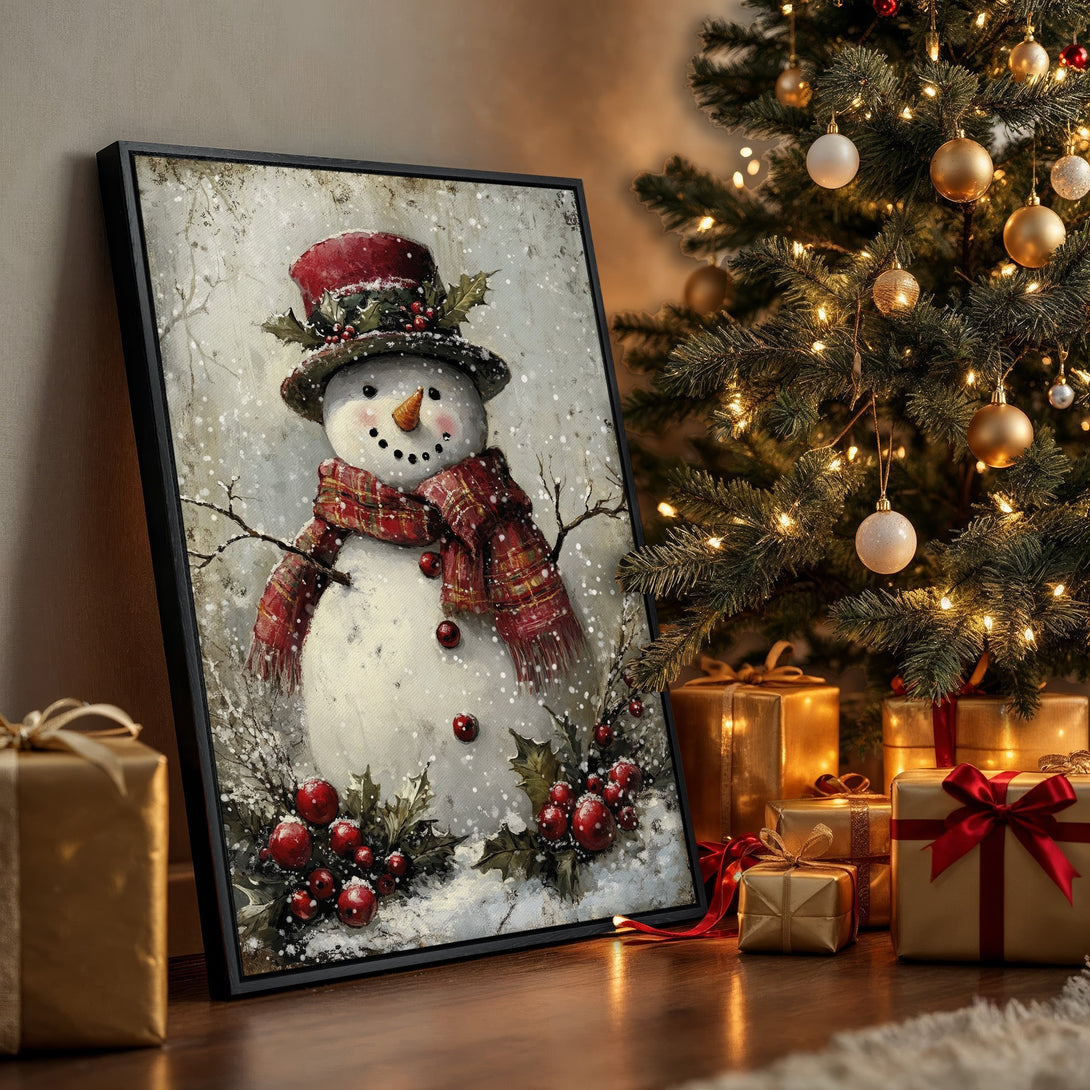 Framed Wall Art: Charming snowman painting with a festive red and white color palette. Rustic style canvas print perfect for holiday home decor.