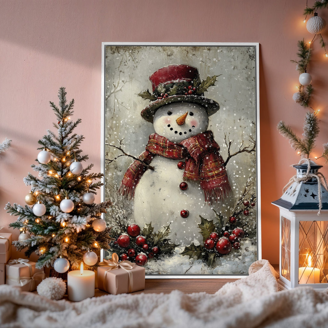 Framed Wall Art: Charming snowman print in a cozy, rustic style. Features a warm red and white color palette, perfect for holiday decor.