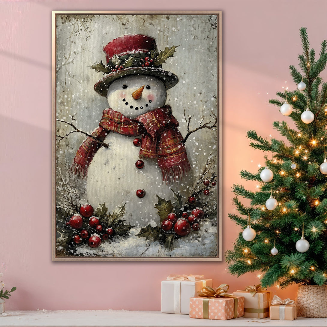 Framed Wall Art: Charming snowman painting in a cozy interior. Rustic style with red, white, and green color palette. Perfect Christmas decor!
