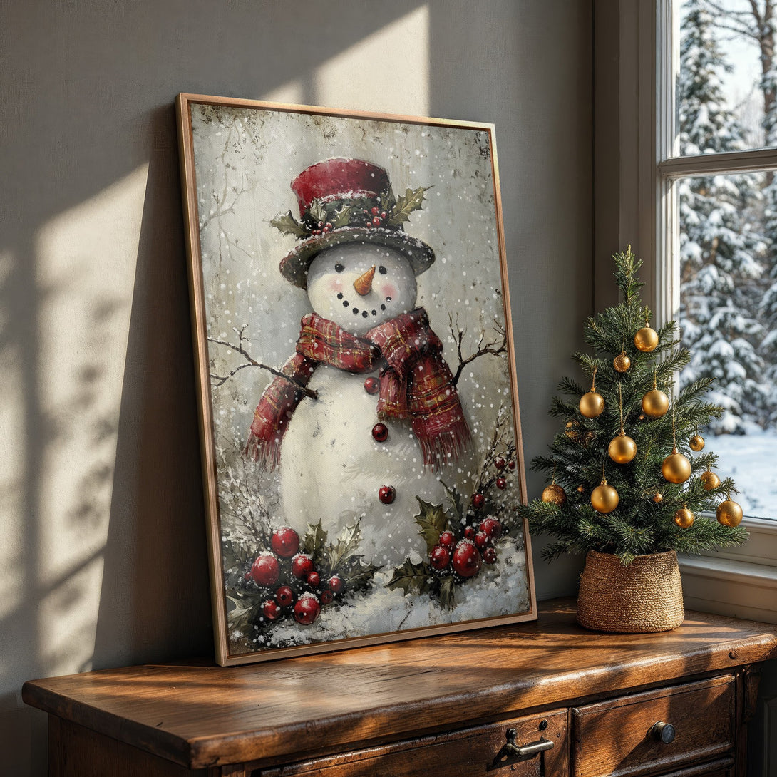 Framed Wall Art: Winter snowman painting with red and gray color palette. Rustic style canvas print for cozy holiday decor.