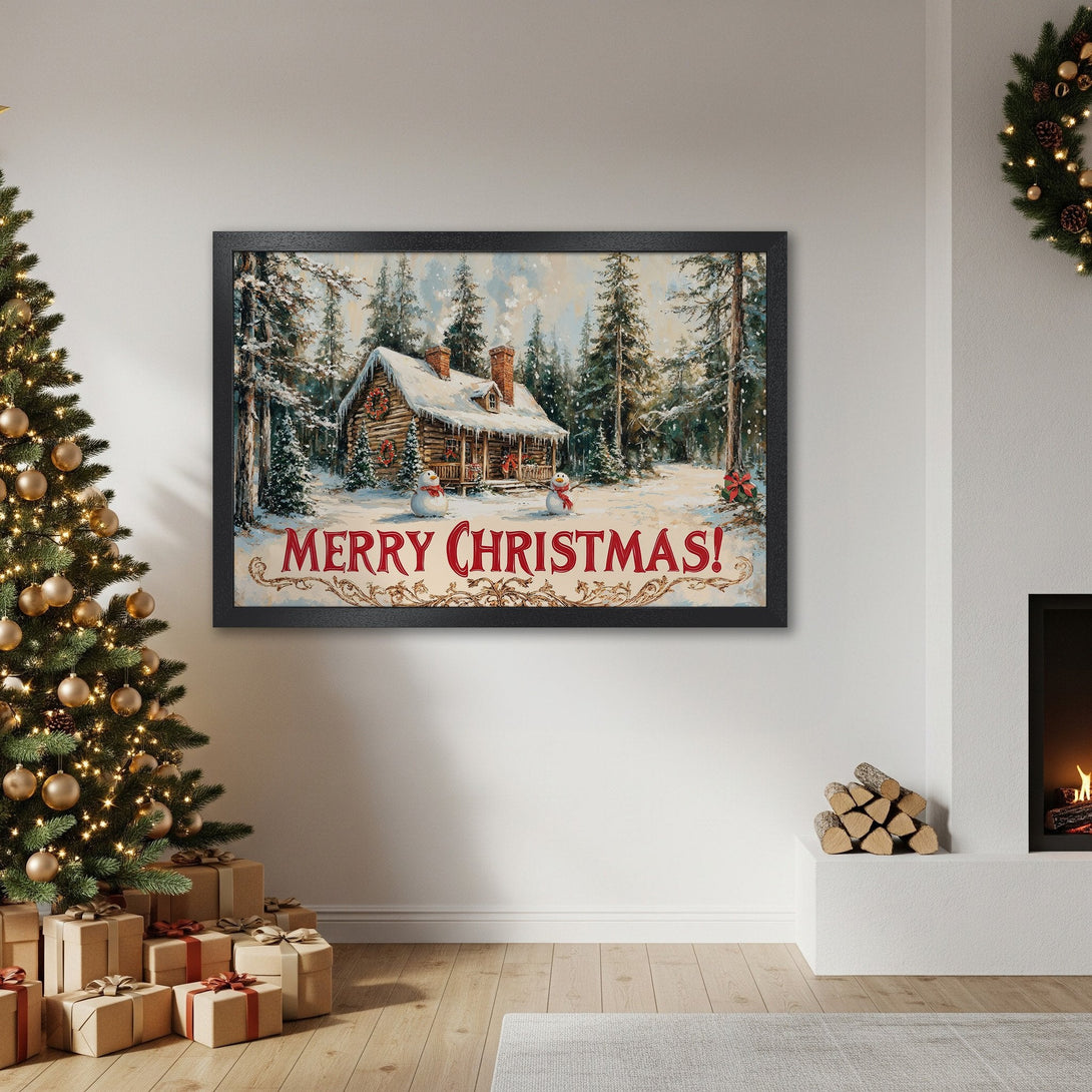 Framed Poster: Winter cabin scene in a vintage style. Warm color palette, perfect for Christmas decor. Add this beautiful poster to your home!