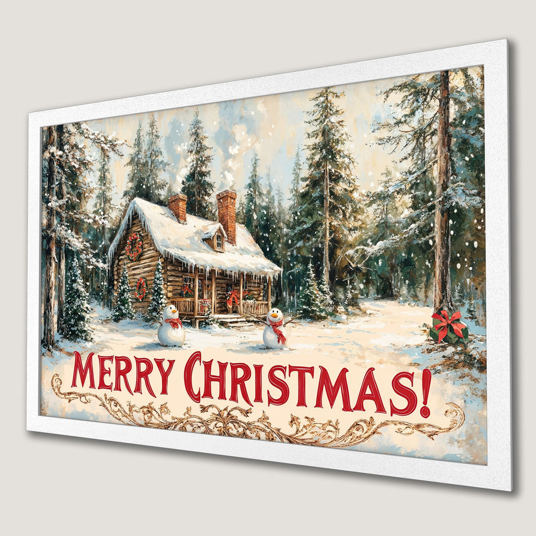 Framed Poster: Winter cabin scene with snowmen, trees, and "Merry Christmas" in a warm color palette. Perfect holiday decor!