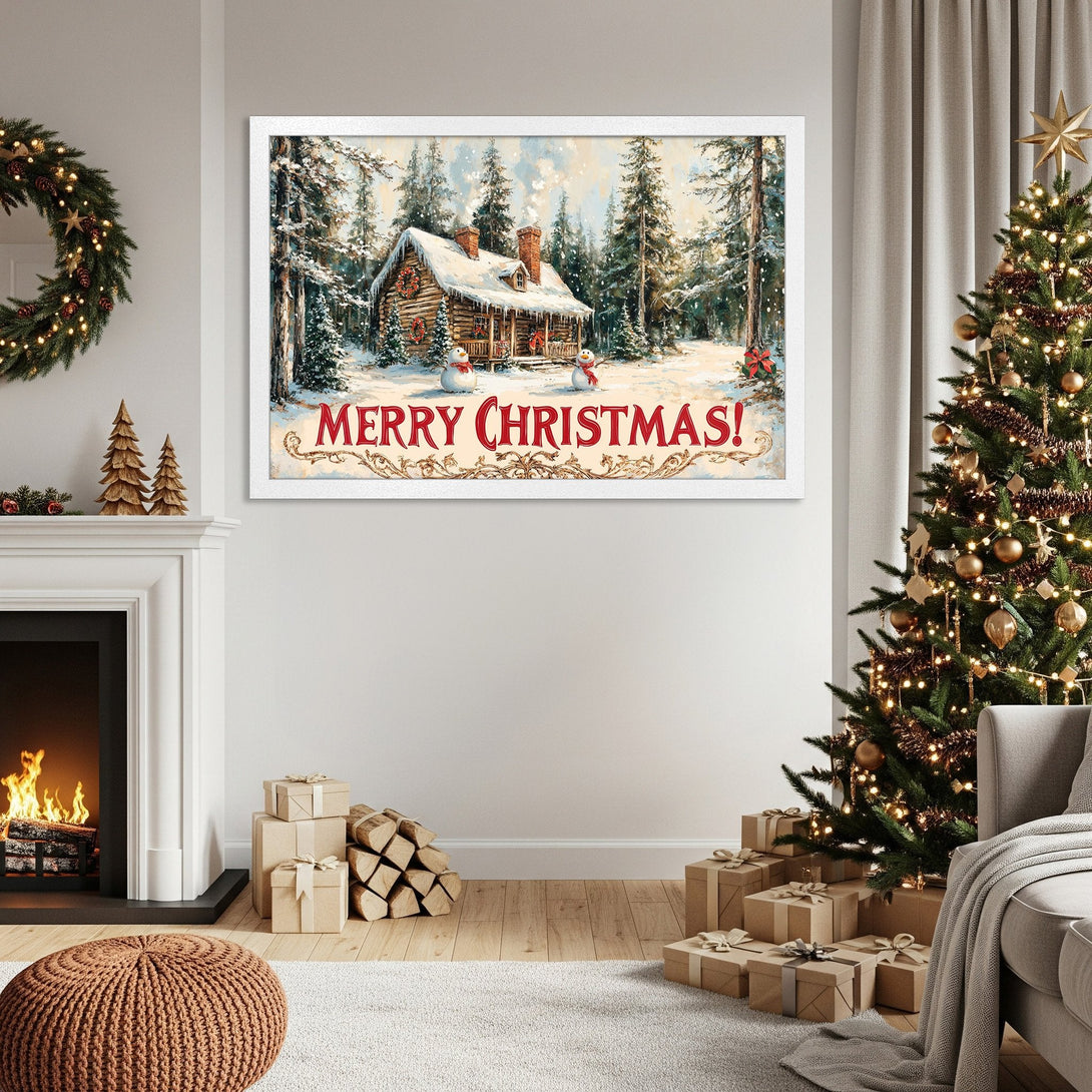 Framed Poster featuring a cozy winter cabin scene. Rustic style with warm, inviting colors. Perfect Christmas decor!