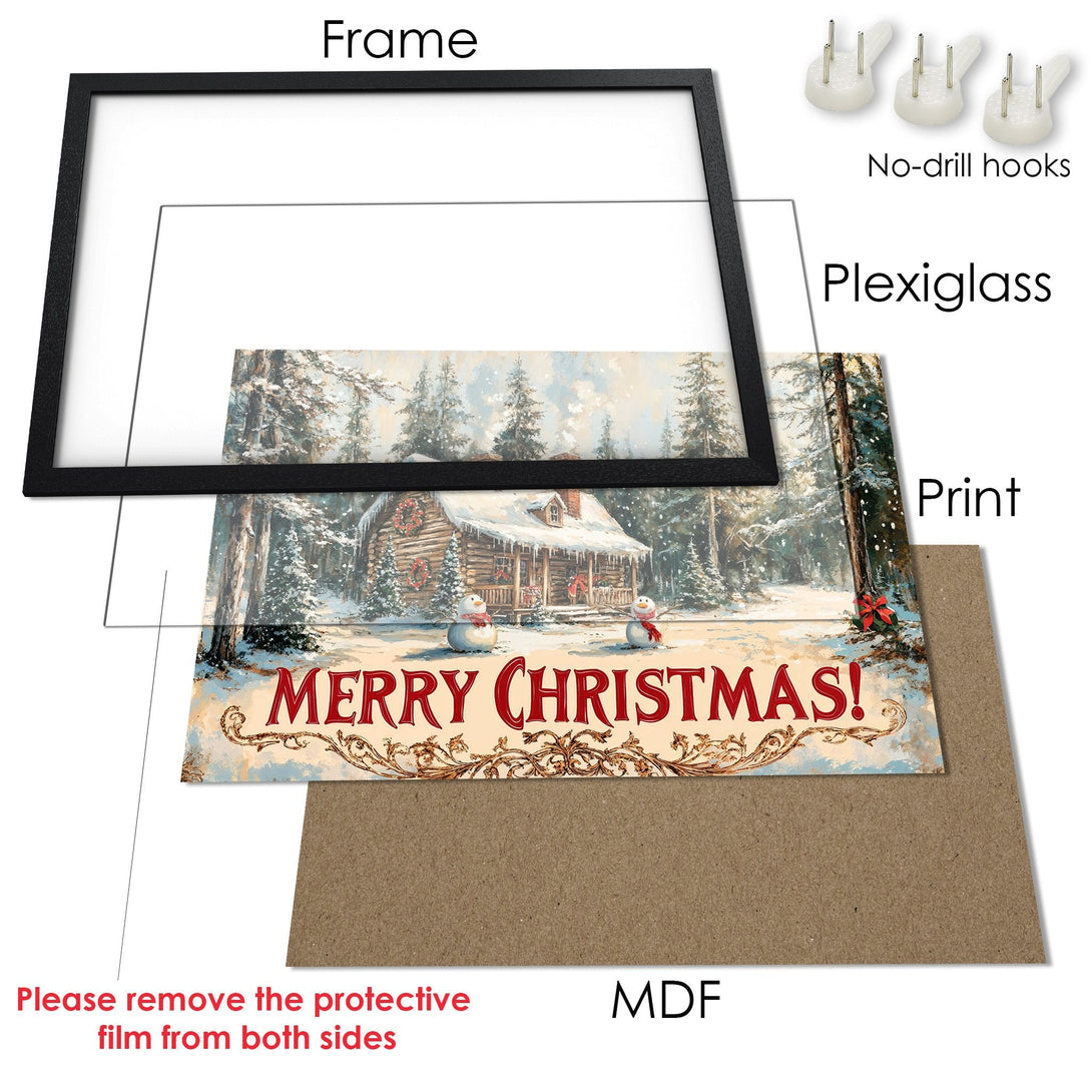 Framed Poster featuring a cozy winter scene with a cabin and snowmen. Warm, inviting color palette for Christmas decor.