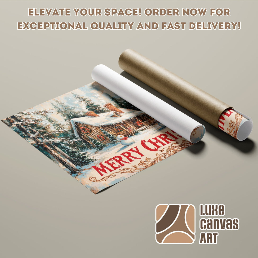 Christmas Poster Roll featuring a snowy cabin, vintage style, warm color palette. Elevate your space!