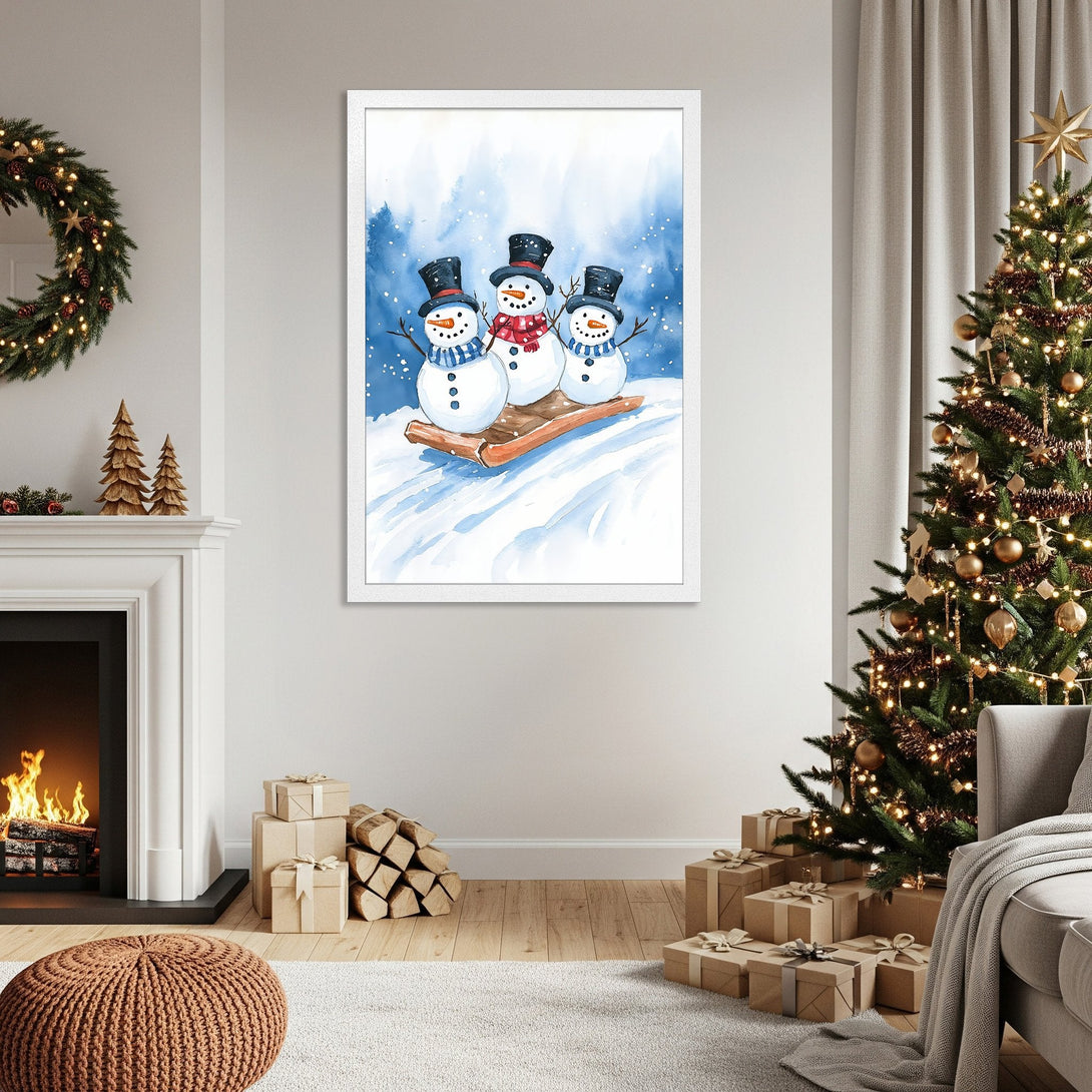 Framed Poster of watercolor snowmen on a sled. Festive Christmas decor in blue, white, and red. Perfect holiday wall art!
