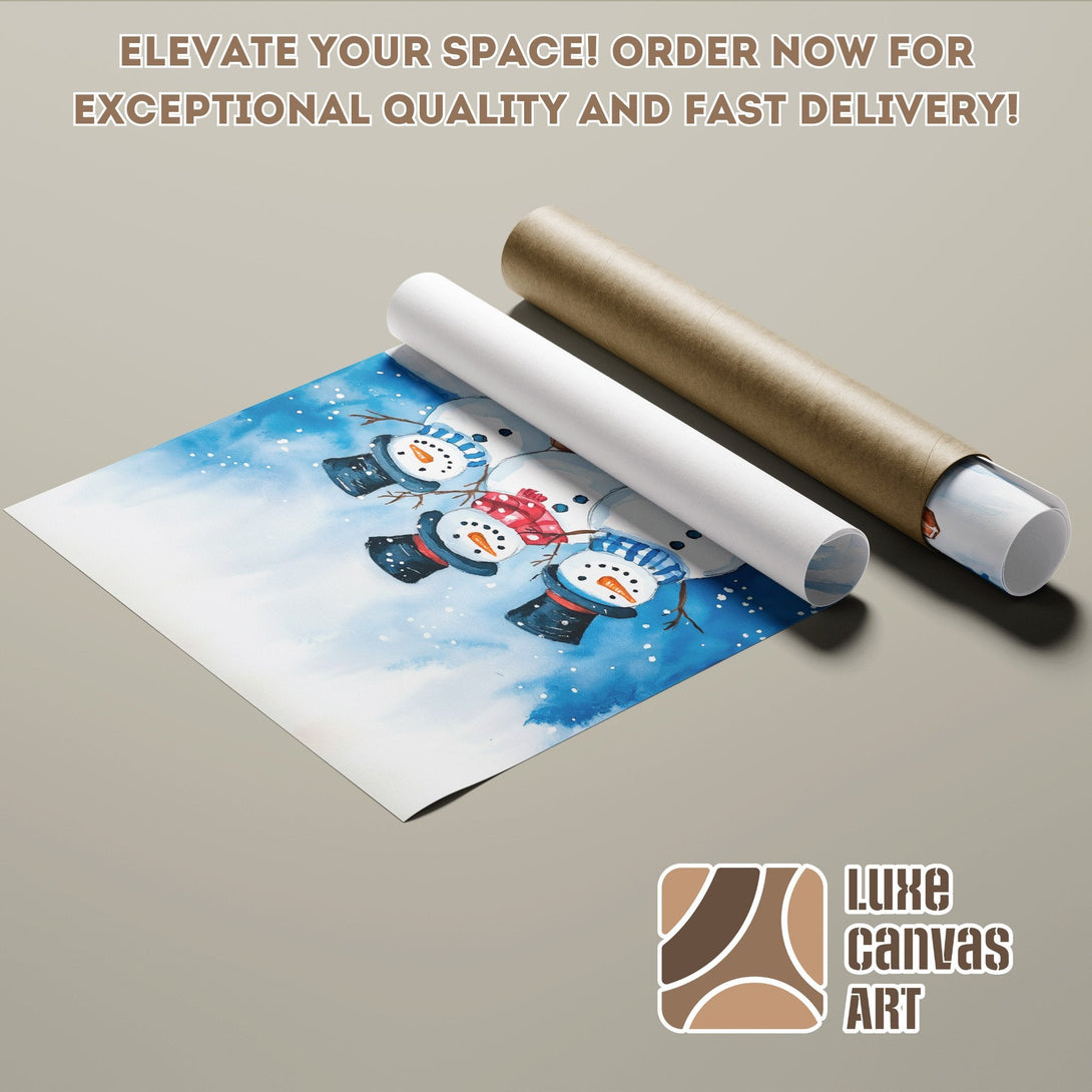 Watercolor snowman poster roll in blue, white, and brown tones. Add festive art to your home!