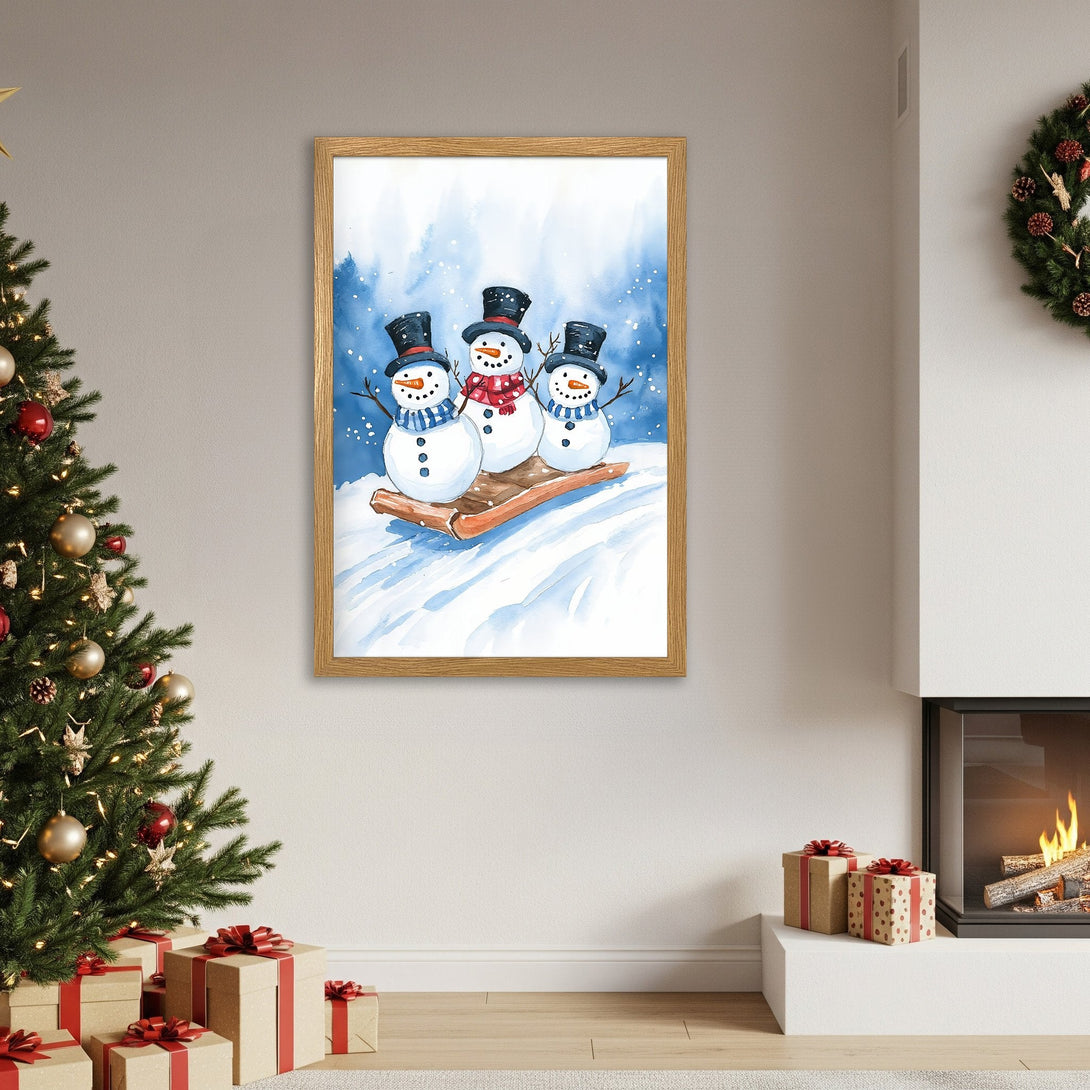 Framed Poster featuring watercolor snowmen in a winter scene. Charming holiday art with blue, white, and brown tones. Perfect Christmas decor.