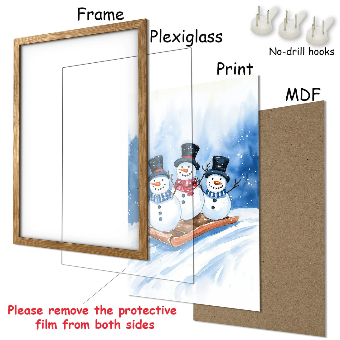 Framed Poster featuring watercolor snowmen on a winter scene, in a blue and white color palette. Perfect holiday decor!