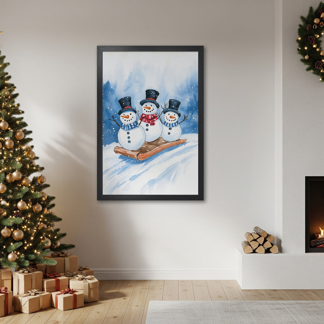 Framed Poster featuring watercolor snowmen in a winter scene. Festive decor with blue, white, and red color palette. Perfect Christmas wall art.