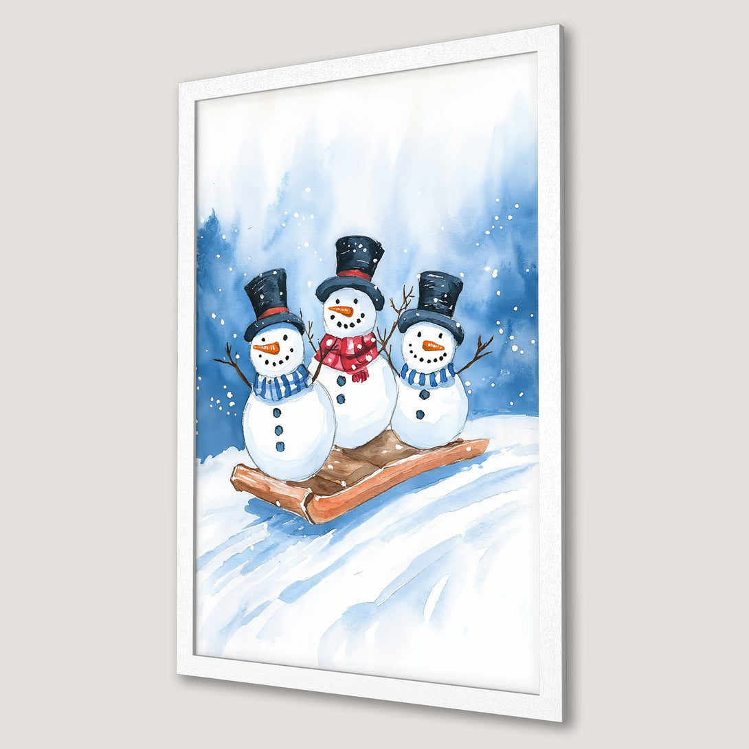 Framed Poster featuring watercolor snowmen on a sled, winter scene with blue and white color palette. Perfect holiday decor!
