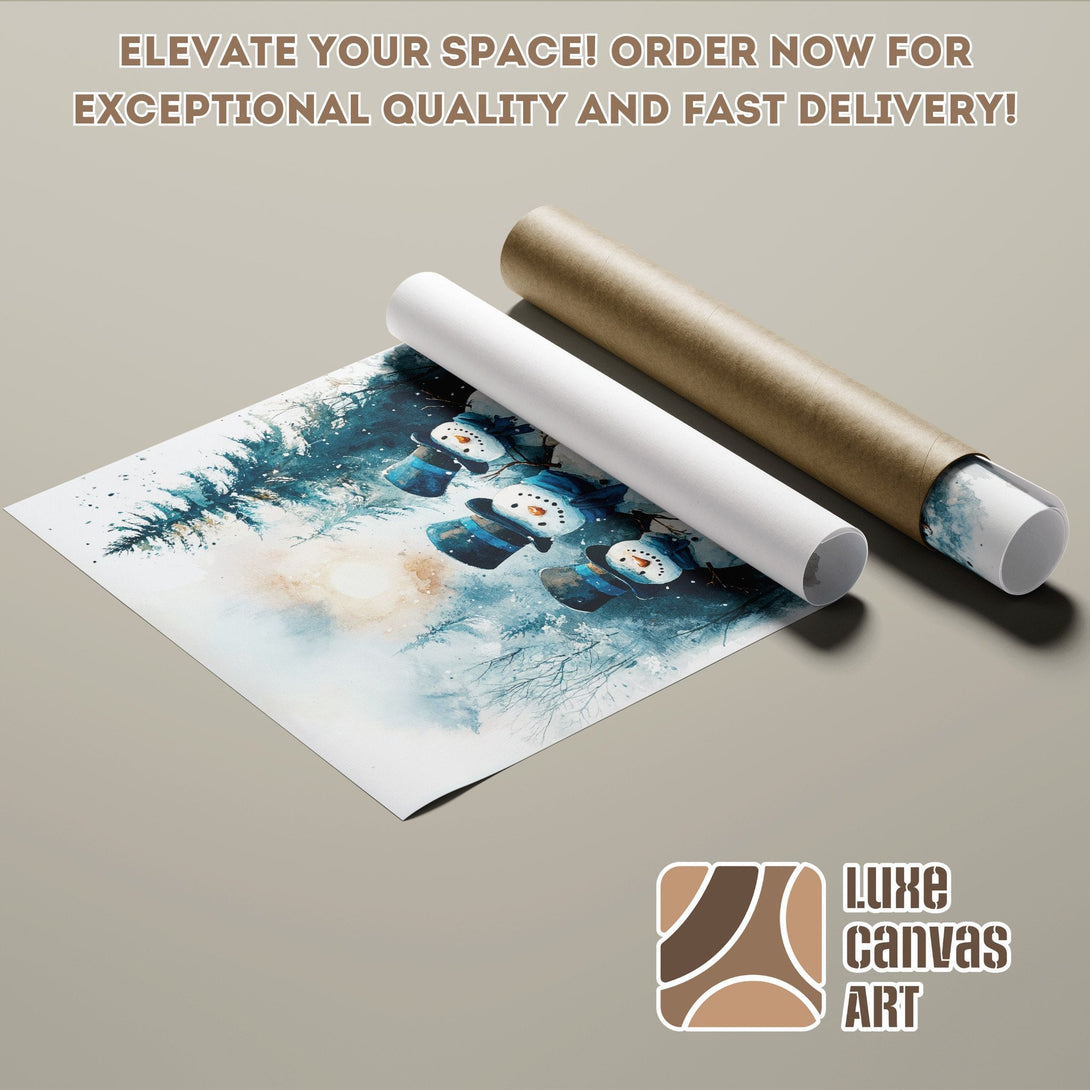 Watercolor snowman Poster Roll in blue and white, perfect for winter decor.