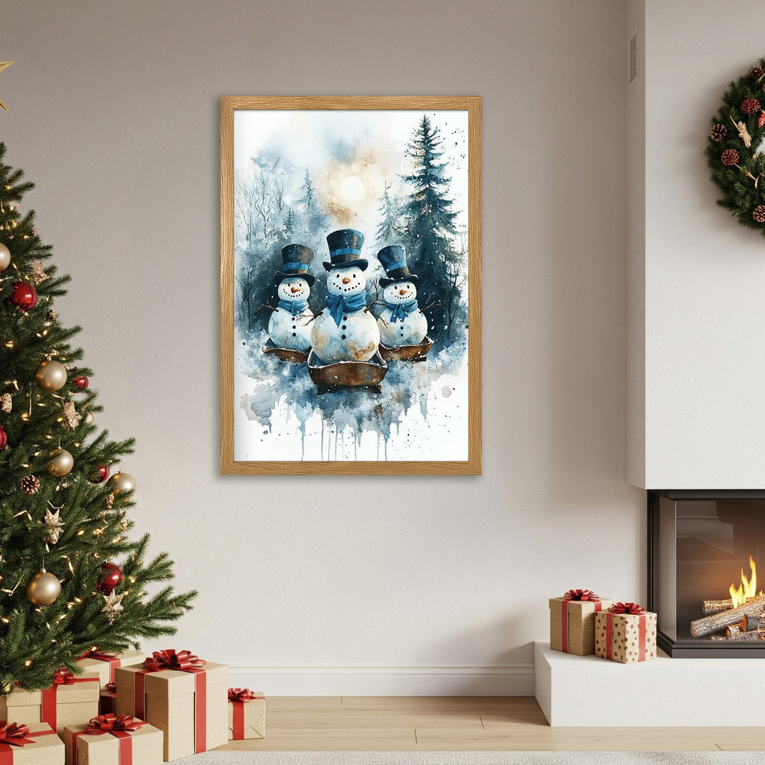 Framed Poster featuring watercolor snowmen in a winter scene. Perfect holiday decor with blue and white hues.