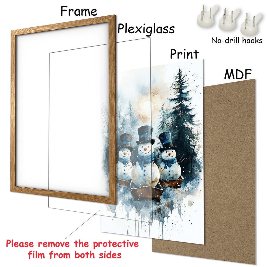 Framed Poster featuring watercolor snowmen in a winter scene. Soft blue and brown color palette. Perfect holiday decor!