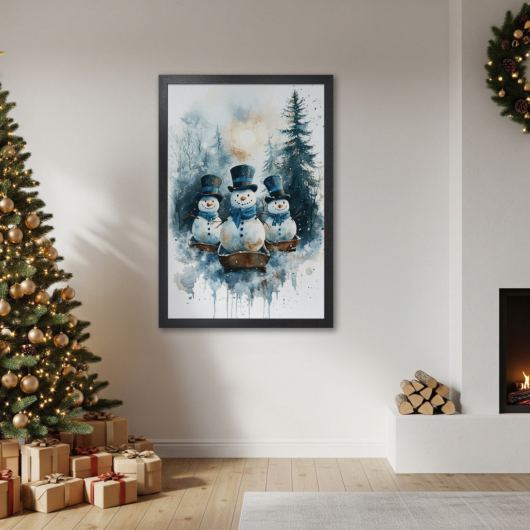 Framed Poster featuring watercolor snowmen in a winter scene, blue and white color palette, perfect holiday decor.