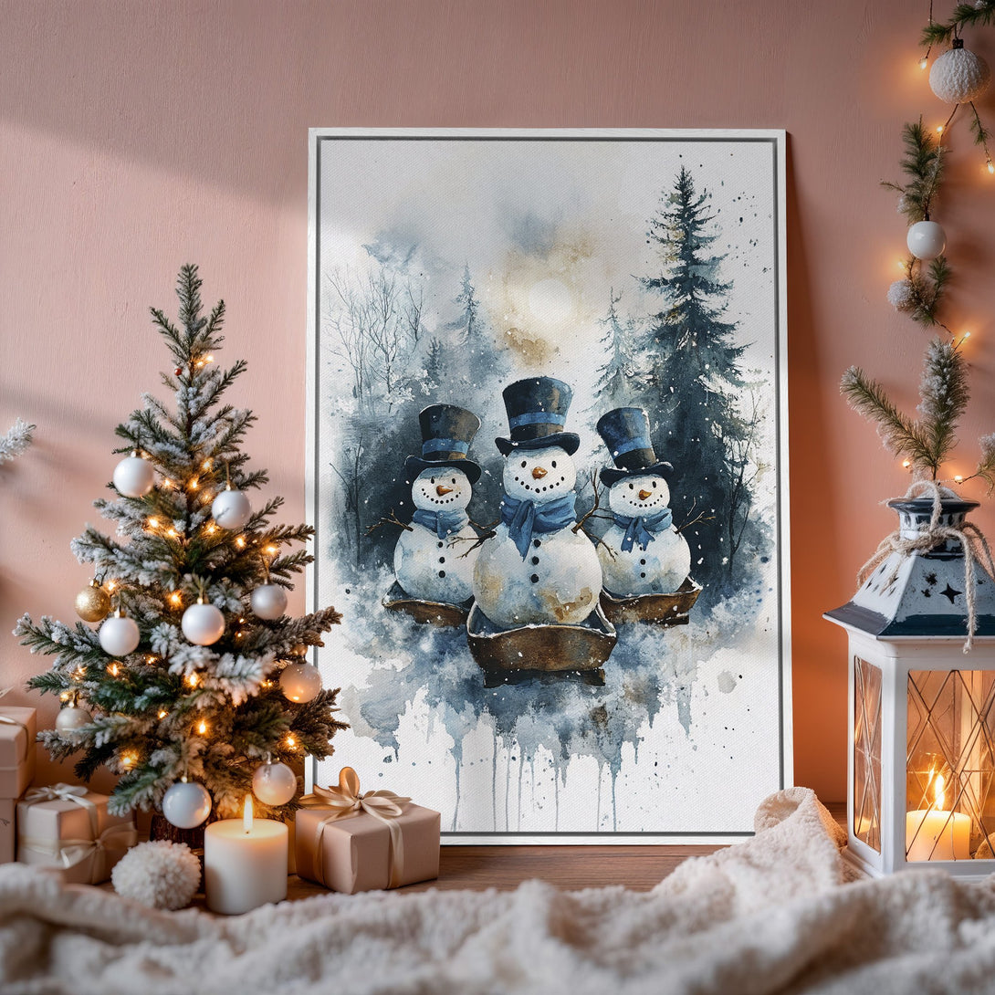 Framed Wall Art: Watercolor snowman scene in blue and white. Perfect winter decor. Add cozy charm with this Canvas Print.