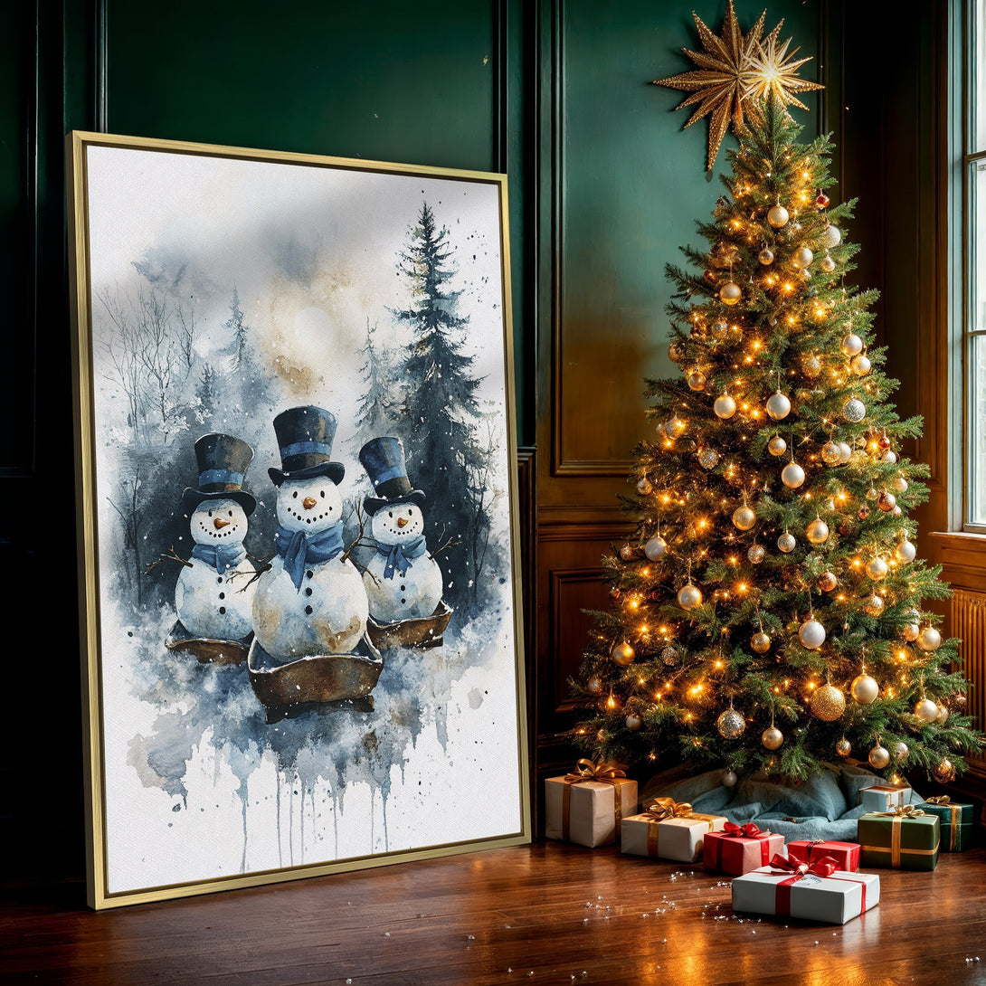 Canvas Print featuring watercolor snowmen in a winter forest scene. Blue and gray tones create a cozy, festive atmosphere. Perfect holiday wall art!