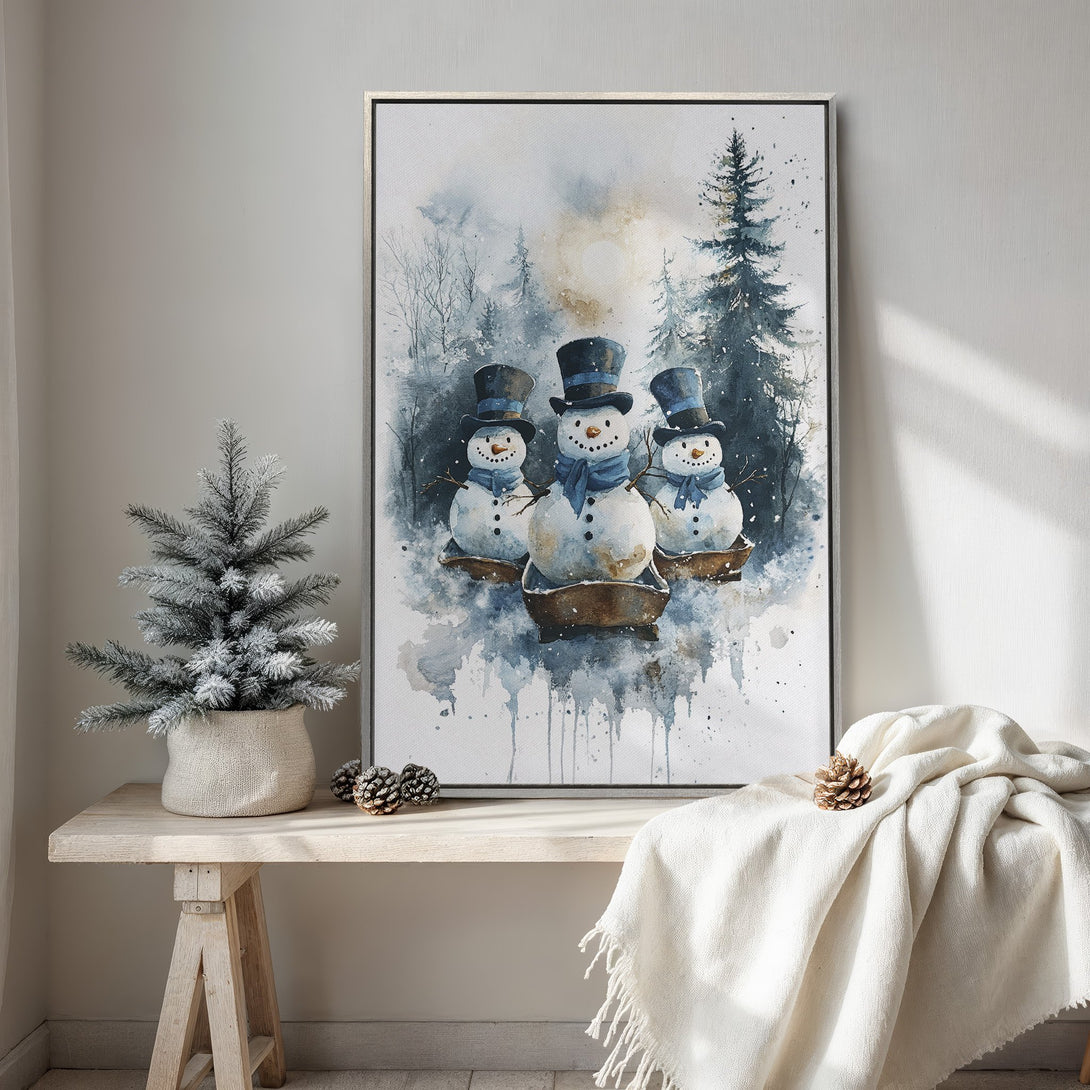 Framed Wall Art: Watercolor snowman scene in blue & white. Winter art print perfect for holiday decor. Cozy, artistic style for your home.