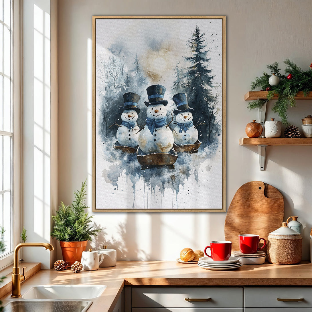 Framed Wall Art: Watercolor snowman scene in blue and white. Perfect winter decor for your home. Add a touch of cozy charm with this canvas print.
