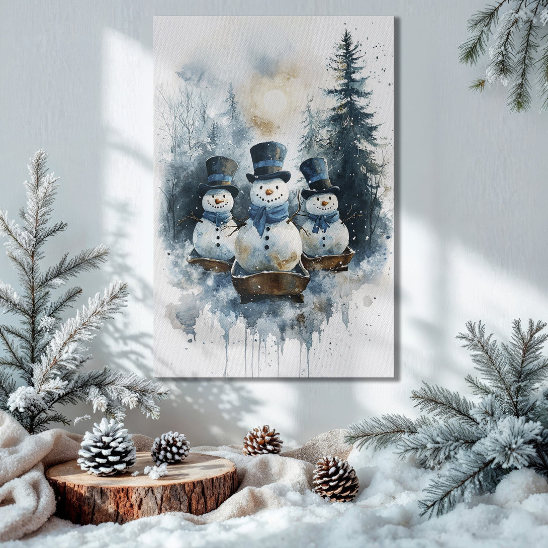 Framed Wall Art: Watercolor snowman print in blue and gold, perfect for winter decor. Adds festive charm to any room.