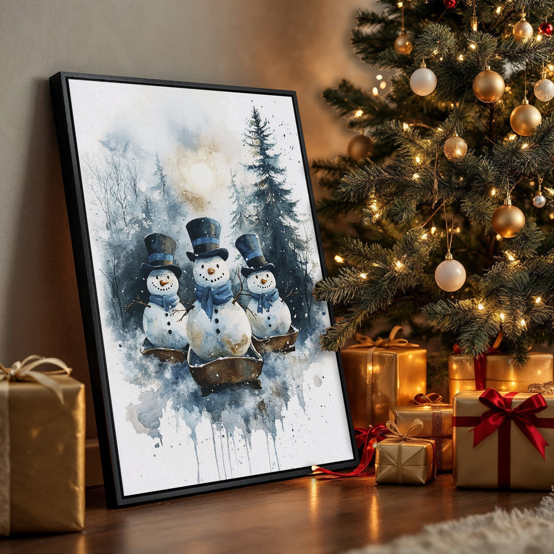 Framed Wall Art: Watercolor snowman scene in blue and gold tones. Perfect winter decor for your home. Shop now for holiday gifts!
