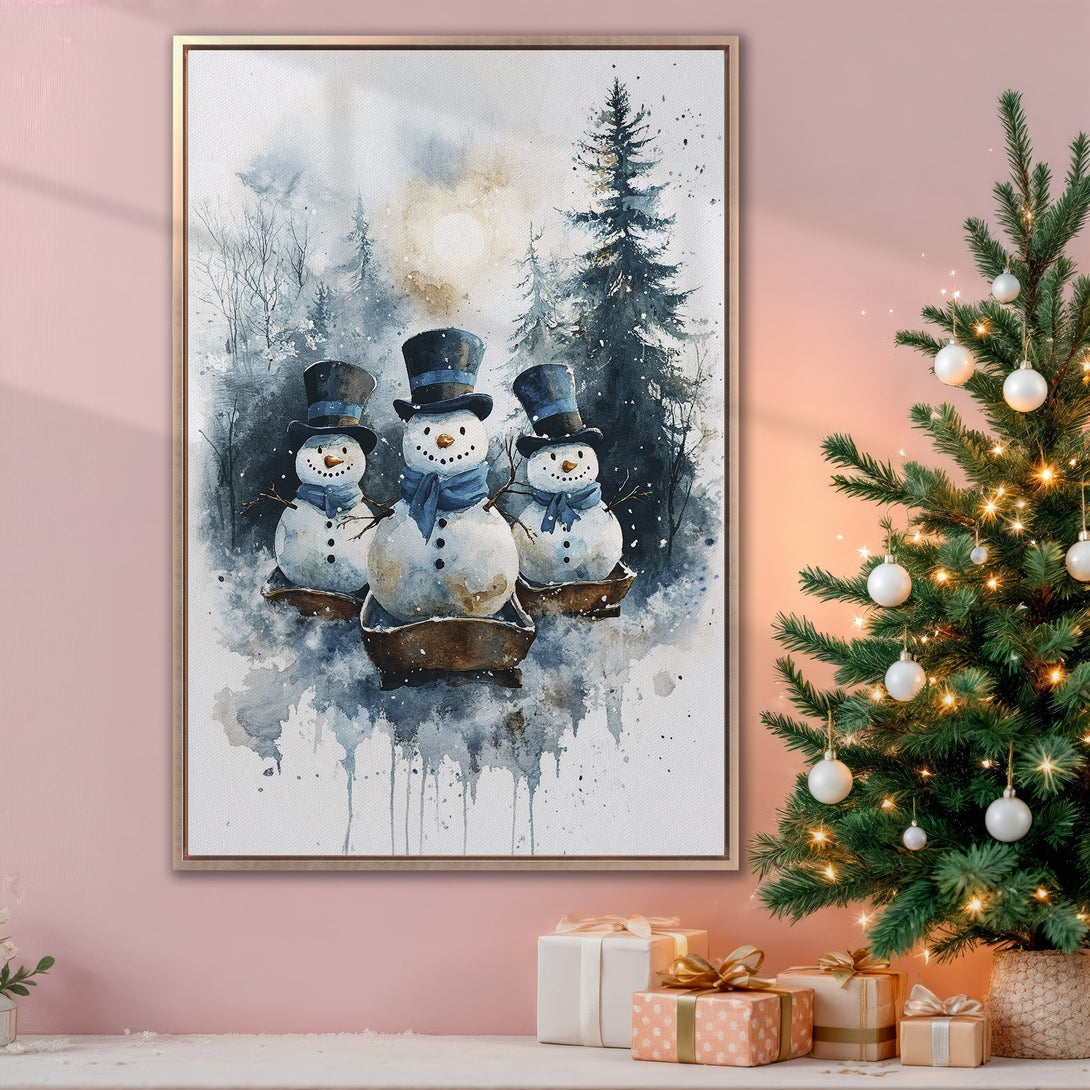 Framed Wall Art: Watercolor snowman scene in blue and gray tones. Perfect for winter decor, adds a touch of whimsy to your home.