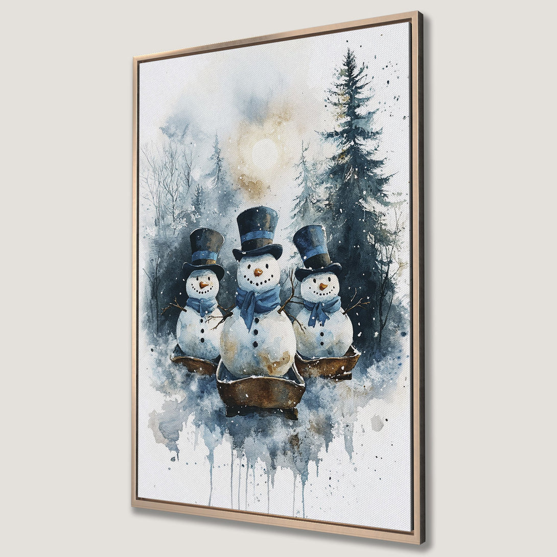 Framed Wall Art featuring watercolor snowmen in a winter forest scene. Blue and neutral color palette. Perfect for holiday decor.