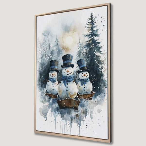 Framed Wall Art featuring watercolor snowmen in a winter forest scene. Blue and neutral color palette. Perfect for holiday decor.