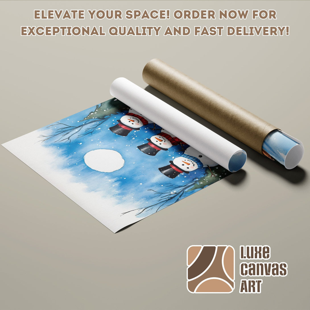 Watercolor snowman poster roll in blue and white. Perfect art for your home! Order yours today!