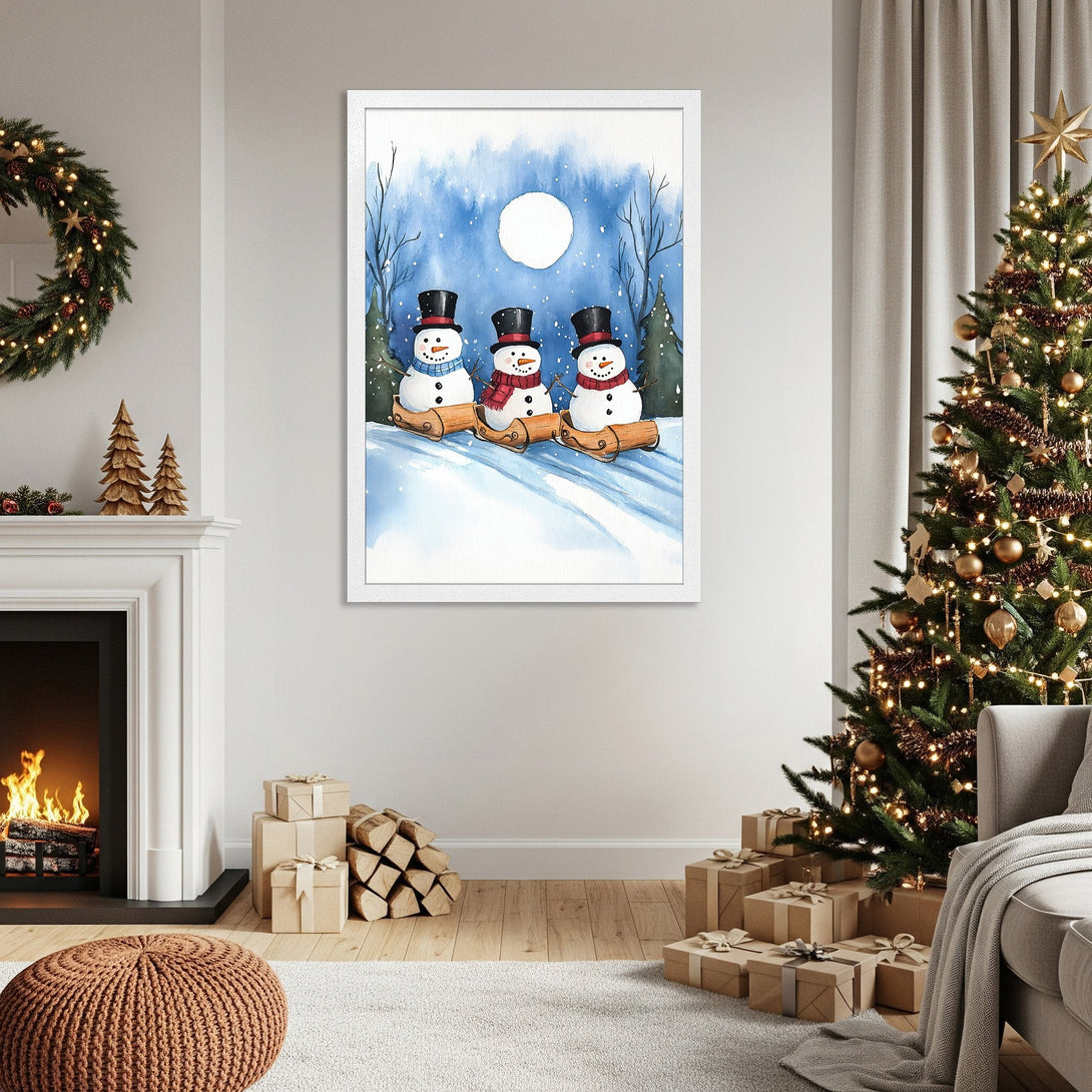 Framed Poster featuring watercolor snowmen in a winter scene. Blue and white color palette, perfect for Christmas decor.