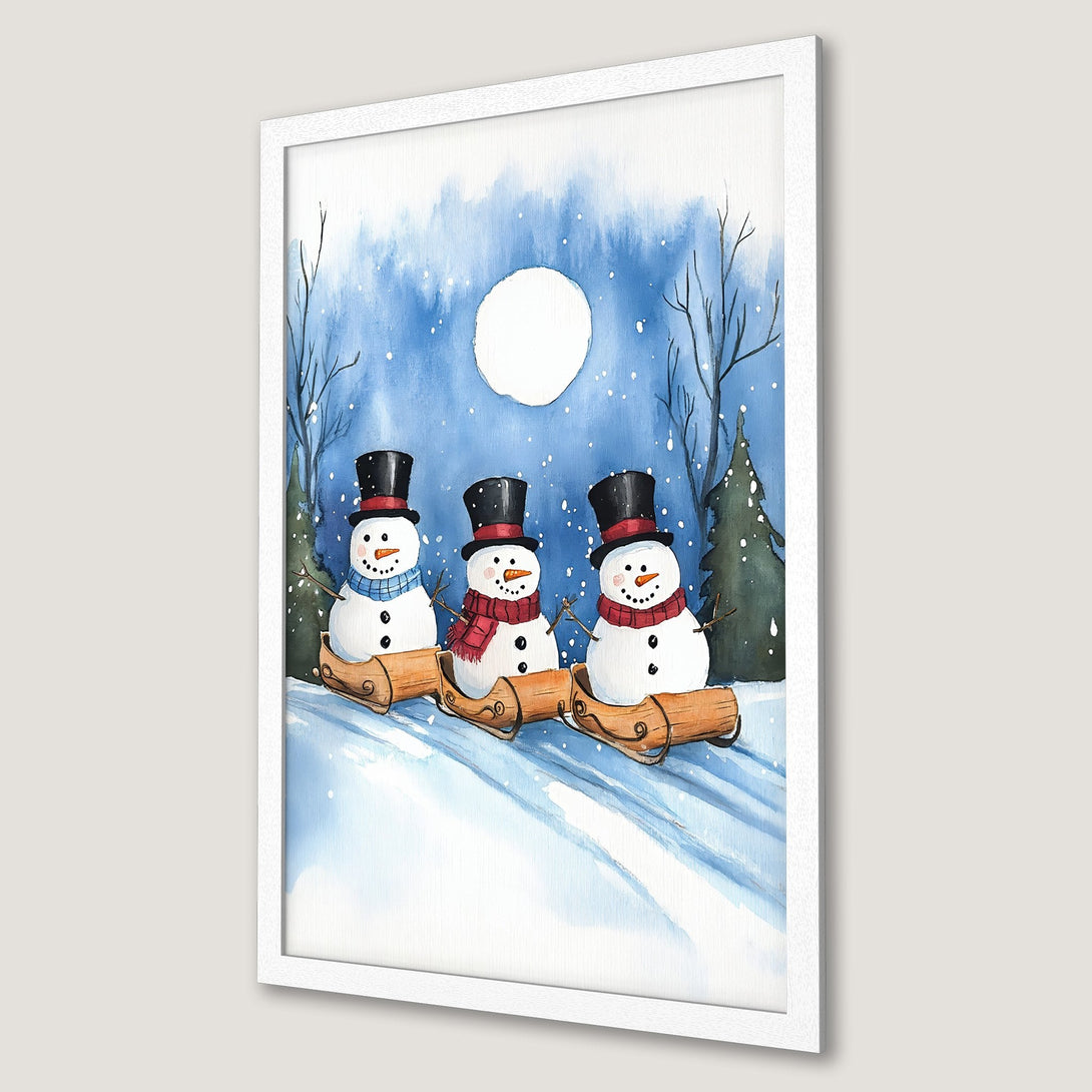 Framed Poster featuring watercolor snowmen in a winter scene. Blue and white color palette, perfect for holiday decor. Get yours today!