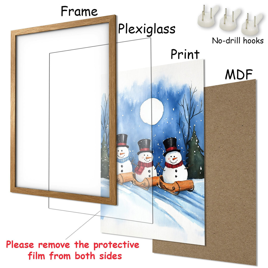 Framed Poster featuring a whimsical watercolor snowman scene in a blue and white winter palette. Perfect holiday decor!