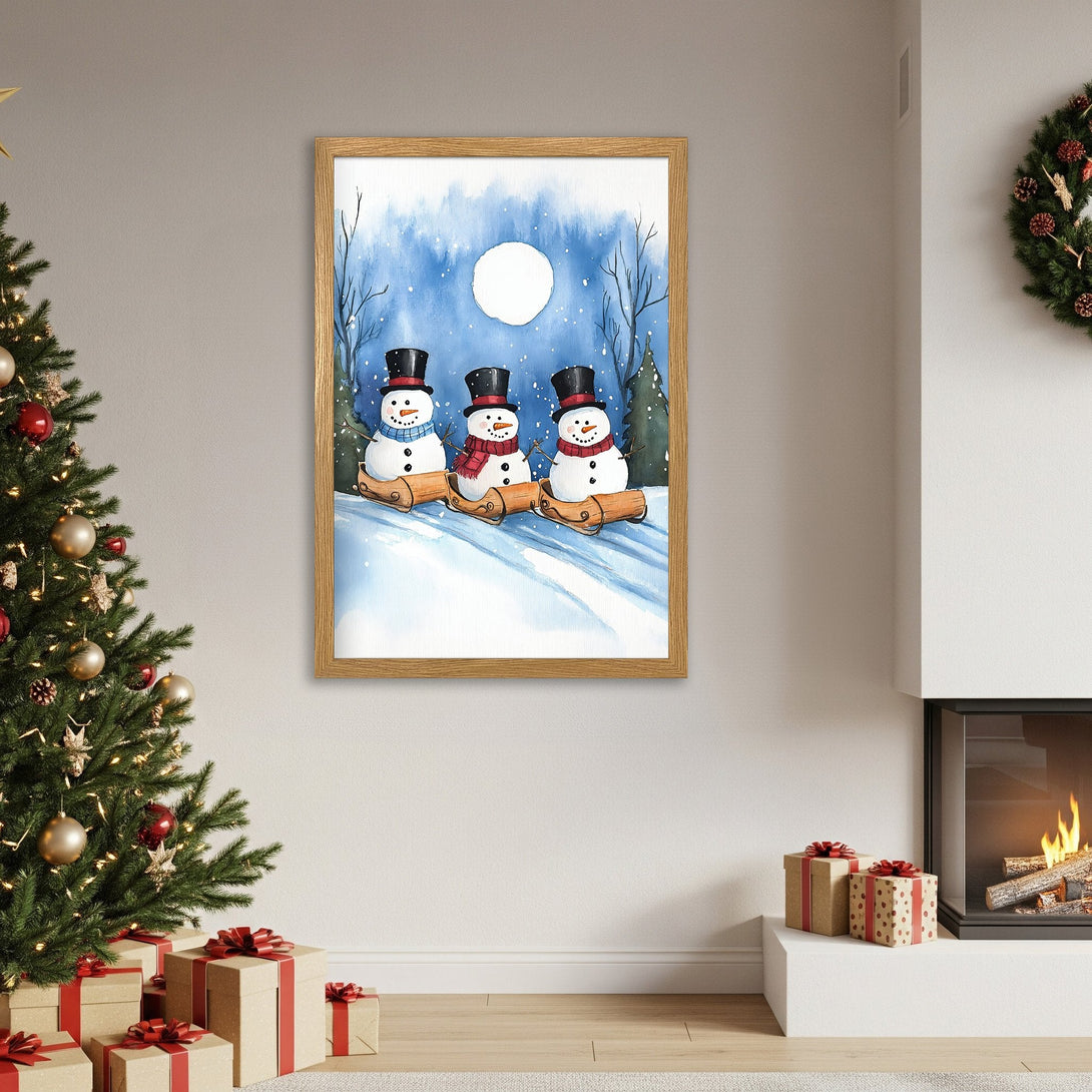 Framed Poster featuring watercolor snowmen scene in blue and white, perfect for Christmas decor.
