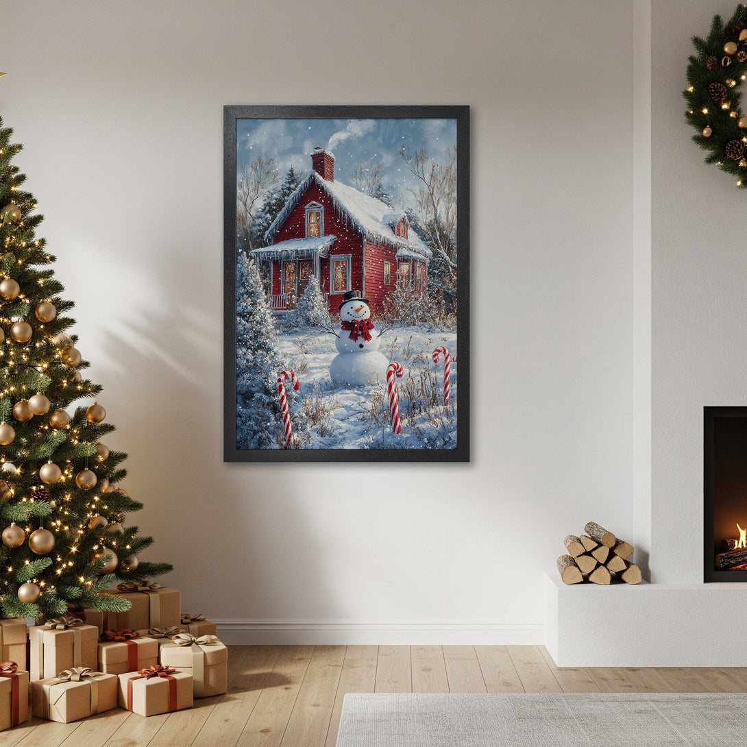 Framed Poster of a winter scene with a red house and snowman. Cozy, warm tones perfect for holiday decor.