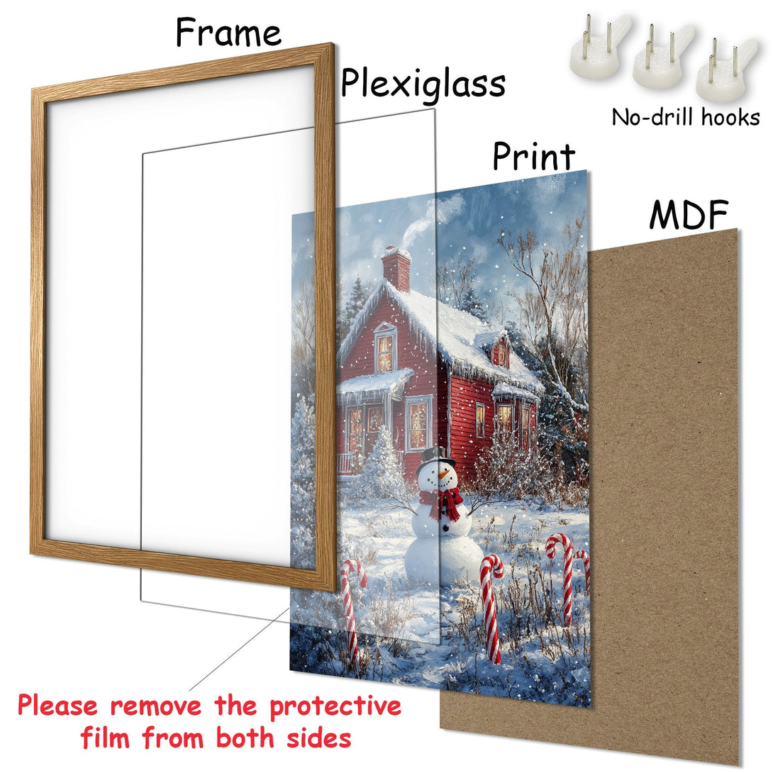 Framed Poster of a winter scene with a snowman & red house. Rustic style, blue, white, and red color palette. Ready to hang!
