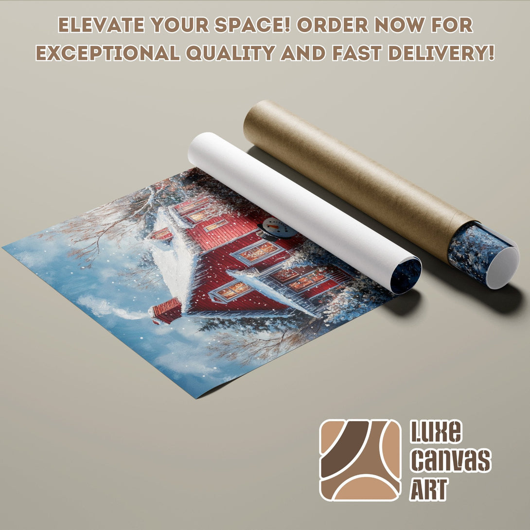 Poster Roll featuring a winter landscape painting in blue, red, and white hues. Elevate your space!