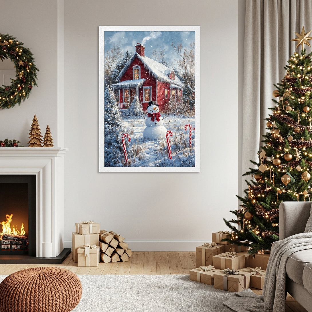 Framed Poster featuring a charming winter scene with a red house and snowman, in a warm, inviting color palette. Perfect for holiday decor!
