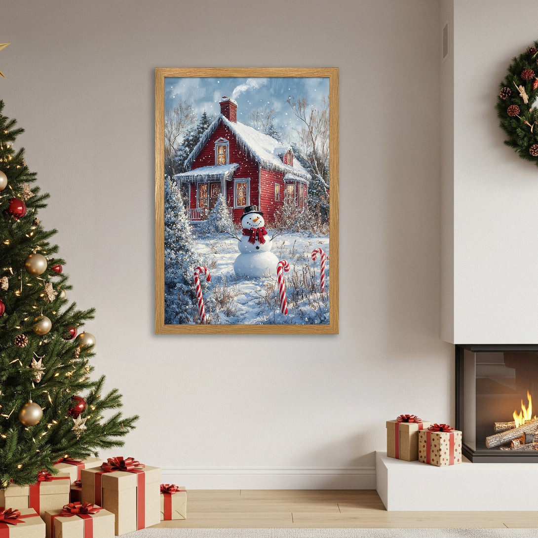 Framed Poster featuring a cozy winter scene with a red house and snowman. Warm colors and a festive holiday style.