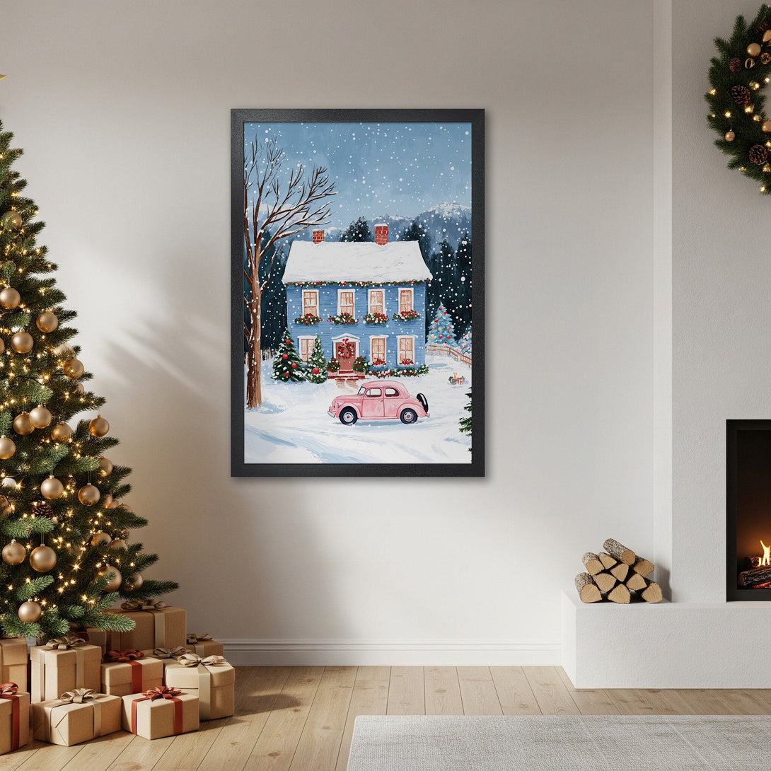 Framed Poster of a winter scene with a blue house and pink car. Charming, whimsical style with a cool blue and pink palette. Perfect holiday decor!