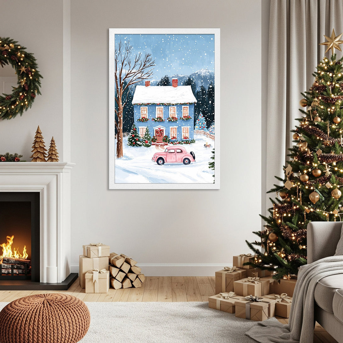 Framed Poster featuring a charming winter scene with a blue house, pink car, and snow. Cozy style, blue & pink color palette. Perfect holiday decor!
