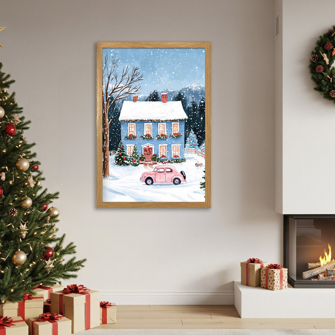 Framed Poster featuring a charming winter scene with a blue house and pink car. Cozy, whimsical style with a blue, white, and pink color palette. Perfect holiday decor!
