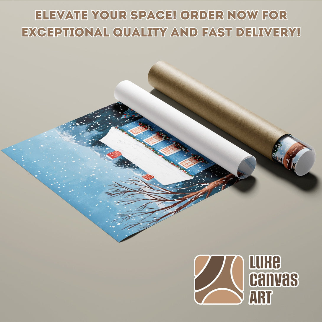 Winter landscape poster roll, art print with blue, brown, and white colors, perfect for home decor.