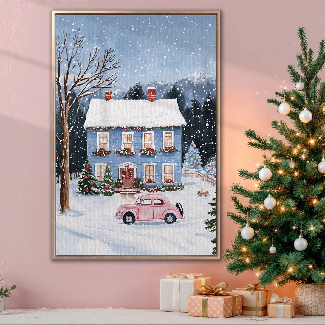 Framed Wall Art: Charming winter scene Canvas Print with a blue house, pink car, and snowy landscape. Festive decor in a soft, pastel color palette.