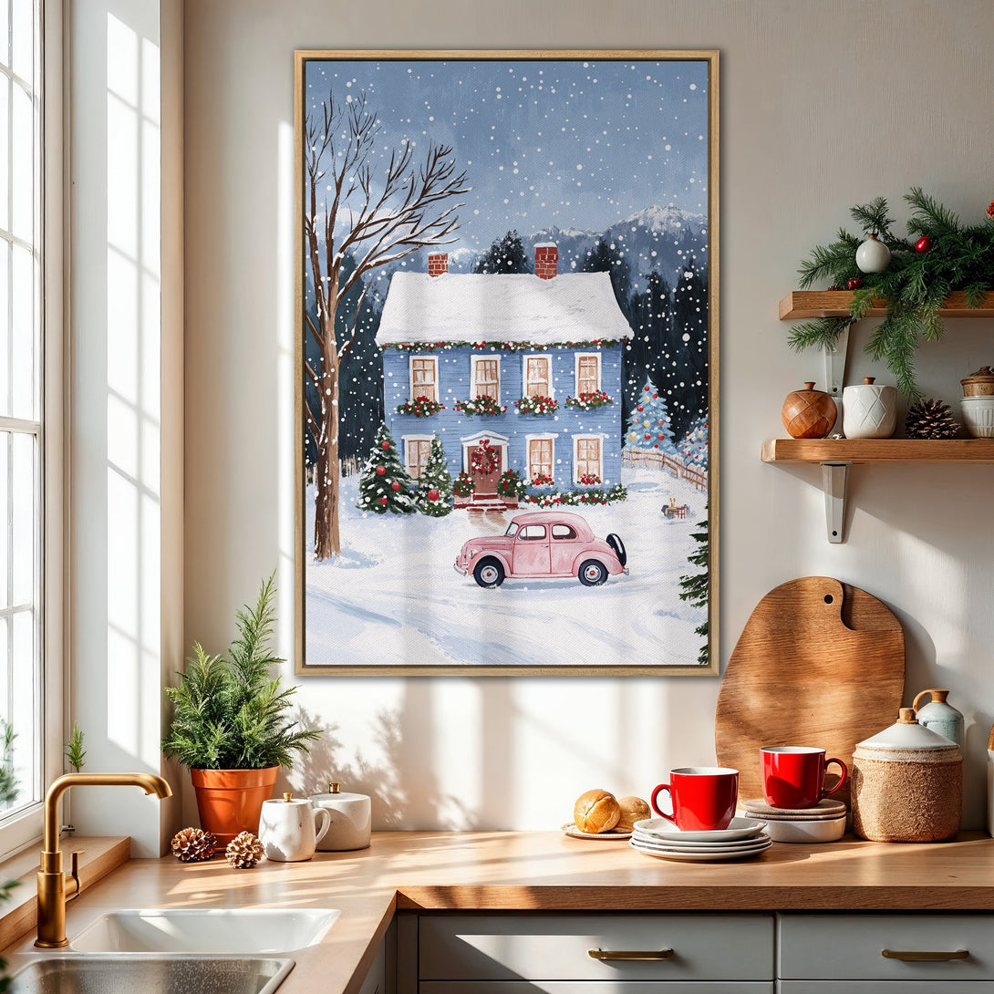 Framed Wall Art of a charming winter scene with a blue house and pink car. Cozy, whimsical style with a blue, white, and red color palette. Perfect holiday decor!