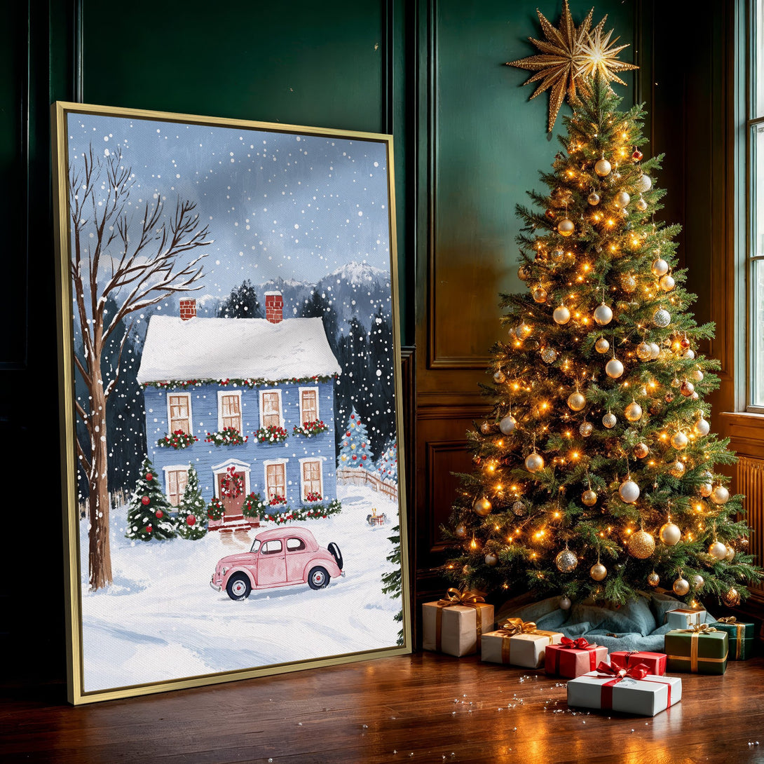 Canvas Print of a cozy winter scene with a blue house, pink car, and snowy landscape. Charming, vintage style with a cool blue and white color palette.