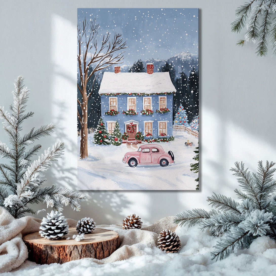 Framed Wall Art: Winter scene Canvas Print with a blue house, pink car, and snowy landscape. Cozy, festive art in a blue, white, and pink color palette.